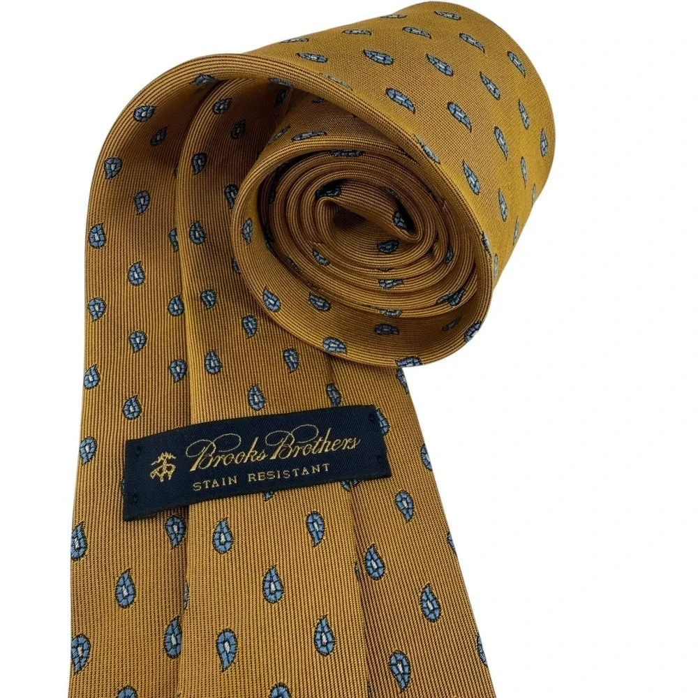 Brooks Brothers Mustard‎ Gold Paisley Silk Tie Blue Teardrop Stain Resistant USA